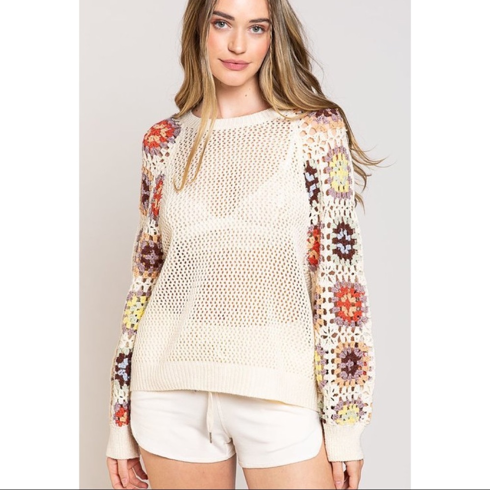 One Left! POL Round Neck Cream Thick Raglan Knit Ribbed Trim Crochet Sweater M - Picture 2 of 4